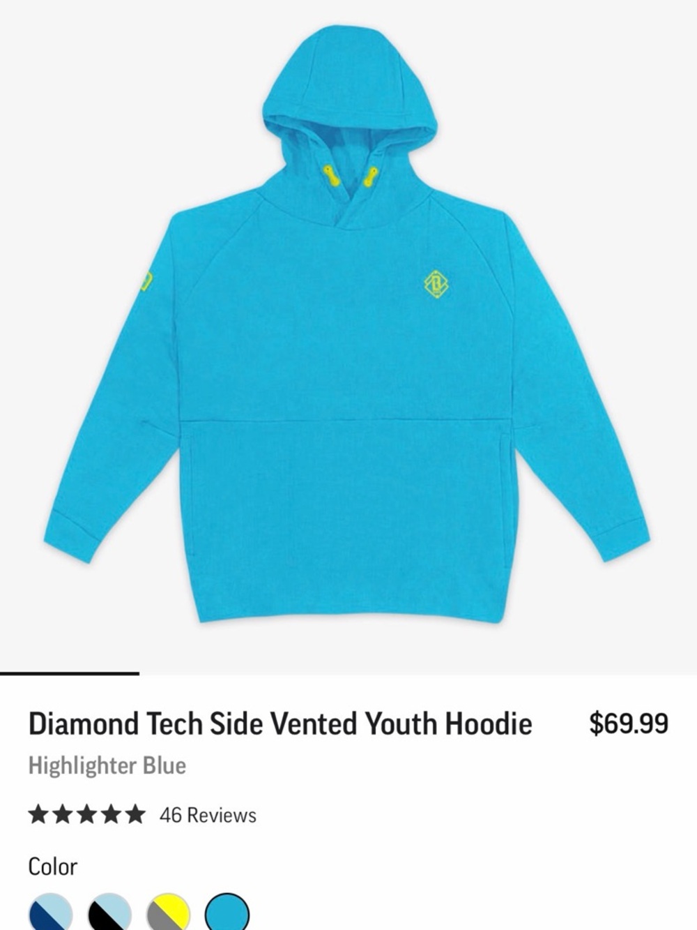 Baseball Lifestyle 101 Diamond Tech Youth Hoodie in Bright Blue Yellow Accents